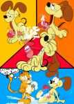  absurd_res bodily_fluids canid canine canis cum domestic_cat domestic_dog felid feline felis feral garfield_(series) garfield_the_cat genital_fluids hi_res licking lobofeo looking_pleasured male male/male mammal masturbation odie_(garfield) pain self_lick sucking tongue tongue_out 