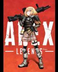  1girl absurdres alternate_costume apex_legends artist_name artpatient assault_rifle bangs black_gloves blonde_hair blue_eyes blush boots breasts commentary copyright_name explosive full_body gloves grenade gun hair_ornament highres holding holding_gun holding_weapon hololive hololive_english knee_pads looking_at_viewer monocle_hair_ornament over-kneehighs over_shoulder plaid plaid_skirt red_background rifle shirt short_hair skirt smile solo standing teeth thighhighs trigger_discipline virtual_youtuber watson_amelia weapon weapon_over_shoulder 