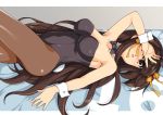  1girl alternate_hair_length alternate_hairstyle bare_shoulders breasts brown_eyes brown_hair brown_legwear commentary_request covering_one_eye hairband haruhisky long_hair lying medium_breasts open_mouth playboy_bunny ribbon solo suzumiya_haruhi suzumiya_haruhi_no_yuuutsu wrist_cuffs yellow_hairband yellow_ribbon 