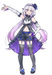  .live 1girl absurdres alternate_costume alternate_hairstyle arm_up belt black_legwear blush carro_pino detached_sleeves full_body headband highres long_hair looking_at_viewer low_twintails navel open_mouth ouka_(yama) purple_eyes ribbon shorts standing thighhighs twintails 