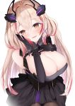  1girl alternate_hair_length alternate_hairstyle azur_lane bare_shoulders black_choker black_dress black_gloves breasts choker cleavage dress eyebrows_visible_through_hair frilled_cuffs gloves hair_between_eyes hand_on_own_cheek headgear highres large_breasts light_blush light_brown_hair long_hair looking_at_viewer megumi_kei multicolored_hair pantyhose roon_(azur_lane) roon_(muse)_(azur_lane) simple_background solo white_background yellow_eyes 