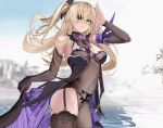  1girl bangs bare_shoulders black_gloves blonde_hair blush bodystocking bow breasts chuunibyou elbow_gloves eyepatch fischl_(genshin_impact) garter_straps genshin_impact gloves green_eyes hair_over_one_eye jewelry long_hair looking_at_viewer misako12003 pendant purple_bow purple_neckwear single_glove single_leg_pantyhose single_thighhigh small_breasts smile solo thighhighs thighs two_side_up vision_(genshin_impact) 