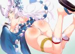  animal_ears ass bandage blush breasts granblue_fantasy green_eyes japanese_clothes korwa nipples sarashi t90t80 underwear white_hair 