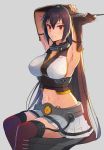  1girl armpits black_gloves black_hair breasts closed_mouth elbow_gloves eyebrows_visible_through_hair feet_out_of_frame fingerless_gloves gloves grey_background hair_between_eyes headgear kantai_collection kasumi_(skchkko) large_breasts long_hair nagato_(kantai_collection) pleated_skirt red_eyes red_legwear simple_background skirt smile solo thighhighs white_skirt 