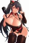  1girl ahoge azur_lane bangs bare_shoulders black_hair black_legwear breasts cleavage crossed_bangs hair_ornament holding holding_microphone_stand idol large_breasts long_hair looking_at_viewer microphone_stand red_eyes saisarisu simple_background smile taihou_(azur_lane) taihou_(muse)_(azur_lane) thighhighs thighs twintails white_background 