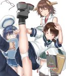  1boy 3girls bangs blue_skirt brown_hair closed_eyes detached_sleeves flipped_hair green_skirt hairband hat hayashi_naoharu headgear hiei_(kantai_collection) high_kick highres japanese_clothes kantai_collection kicking long_hair long_sleeves low_twintails matsuwa_(kantai_collection) miniskirt multiple_girls neckerchief nontraditional_miko panties parted_bangs plaid plaid_skirt pleated_skirt purple_hair remodel_(kantai_collection) ribbon-trimmed_sleeves ribbon_trim sailor_hat school_uniform serafuku shirayuki_(kantai_collection) short_hair short_sleeves short_twintails skirt split standing standing_on_one_leg standing_split twintails underwear white_headwear white_panties wide_sleeves 