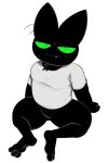  anthro black_body black_fur bottomless cartoon_network clothed clothing domestic_cat embarrassed featureless_crotch felid feline felis fur green_eyes hi_res male mammal mao_mao:_heroes_of_pure_heart nemhippie sheriff_mao_mao_mao shirt shirt_only sitting solo t-shirt topwear topwear_only 