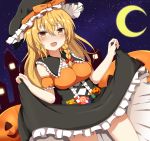  1girl armband bangs black_capelet black_dress black_headwear blonde_hair bow braid breasts candy candy_cane capelet crescent_moon dress dress_lift eyebrows_visible_through_hair food guard_vent_jun hair_between_eyes halloween halloween_costume hat hat_bow highres jack-o&#039;-lantern kirisame_marisa lollipop long_hair looking_at_viewer moon night open_mouth orange_bow red_bow single_braid sky smile solo star_(sky) starry_sky thighs touhou witch_hat yellow_eyes 