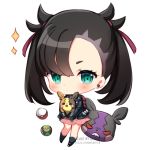  1girl artist_name asymmetrical_bangs bangs black_hair black_jacket blush chibi commentary dress earrings eyelashes gen_8_pokemon green_eyes hair_ribbon holding holding_pokemon jacket jewelry long_sleeves looking_at_viewer marnie_(pokemon) morpeko morpeko_(full) morpeko_(hangry) pink_dress poke_ball poke_ball_(basic) pokemon pokemon_(creature) pokemon_(game) pokemon_swsh red_ribbon ribbon shouu-kun watermark 