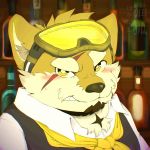  1:1 angry anthro bartender blush canid canine canis domestic_dog embarrassed eyewear facial_hair fur goggles hi_res live-a-hero male mammal mustache nekoinutorakuma procy scar solo vein yellow_body yellow_fur 