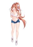  1girl bare_arms bare_legs bare_shoulders blue_shorts bow breasts brown_hair camisole cleavage collarbone commission crop_top doki_doki_literature_club full_body green_eyes hair_between_eyes hair_bow highres large_breasts long_hair looking_at_viewer micro_shorts midriff monika_(doki_doki_literature_club) navel open_fly open_mouth panties ponytail shirt shoes shorts simple_background siun sleeveless sleeveless_shirt sneakers socks solo spaghetti_strap stomach thighs tongue tongue_out underwear very_long_hair white_background white_footwear white_legwear white_panties white_shirt 