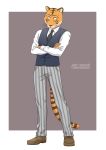  2020 anthro beastars bill_(beastars) clothed clothing crossed_arms felid full-length_portrait fully_clothed fur hi_res male mammal orange_body orange_fur pantherine portrait simple_background solo standing striped_body striped_fur stripes tiger tommysamash whiskers 