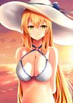  1girl absurdres bare_shoulders breasts cleavage closed_mouth evening eyebrows_visible_through_hair girls_frontline green_eyes hand_on_back hat highres long_hair looking_at_viewer m1903_springfield_(girls_frontline) medium_breasts nakaryo0404 ocean ocean_bottom orange_hair smile solo sun_hat swimsuit white_headwear white_swimsuit 
