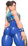 1girl ass biceps blue_unitard blush breasts brown_eyes chun-li crop_top crop_top_overhang double_bun earrings from_behind hair_ribbon highres jewelry looking_back medium_breasts official_alternate_costume open_mouth ribbon shigenobu shiny shiny_clothes skin_tight sleeveless solo street_fighter street_fighter_zero_(series) stud_earrings studded_bracelet thick_thighs thighs white_background 