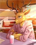  2020 anthro antlers beastars beverage brown_body brown_eyes brown_fur cervid cervine clothed clothing crossed_arms cup day detailed_background fur furniture horn inside light lighting louis_(beastars) male mammal red_deer shirt solo straw table tommysamash topwear window 