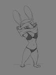  2020 3:4 anthro bra clothing disney female fur grey_background judy_hopps lagomorph leporid mammal monochrome navel panties rabbit simple_background solo standing tggeko underwear undressing zootopia 