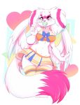  5_fingers absurd_res anthro breasts clothed clothing feathered_wings feathers female fingers hi_res hybrid lagomorph leporid mammal midriff navel pink_eyes rabbit rainbowscreen solo standing white_body white_feathers wings 