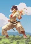  1girl barefoot belt black_belt black_hair breasts brown_eyes choker cleavage clenched_hand commentary_request day dougi fighting_stance full_body highres karate karate_gi lips makoto_(street_fighter) medium_breasts nose outdoors red_sports_bra ribbon_choker short_hair solo sports_bra street_fighter street_fighter_iii_(series) tomboy wind zamisam 