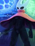  2020 3:4 anthro arthropod blush breasts clothing female genitals hi_res hollow_knight hornet_(hollow_knight) lennoxicon outside pussy solo standing team_cherry under_boob video_games weapon 