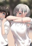  2girls artist_name blue_eyes blurry blurry_background blush brown_hair chestnut_mouth grey_hair gym_uniform hair_ornament hairclip horizontal_bar jonsun multiple_girls original outdoors shirt short_hair white_shirt 