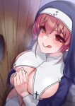  1girl absurdres areola_slip areolae bangs blue_robe blush breasts cleavage commentary confessional dress garter_straps glory_hole hair_between_eyes heart heart-shaped_pupils heterochromia highres hololive houshou_marine large_breasts licking_lips long_sleeves looking_at_viewer nun otk own_hands_together praying raised_eyebrows red_eyes red_hair revealing_clothes solo symbol-shaped_pupils thighhighs tongue tongue_out virtual_youtuber white_legwear yellow_eyes 