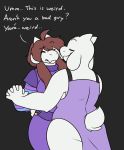  alternate_species anthro big_breasts boss_monster bovid breasts brown_hair caprine clothed clothing dancing duo english_text fangs female fur goat hair horn long_ears long_hair mammal protagonist_(undertale) ring robertge simple_background smile text toriel undertale video_games white_body white_fur 