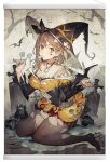  1girl atelier_(series) atelier_ryza atelier_ryza_2 bat black_legwear black_ribbon breasts brown_eyes brown_hair candy cross food grave hair_ribbon halloween halloween_costume hat jack-o&#039;-lantern jewelry long_sleeves looking_at_viewer necklace pantyhose pumpkin reisalin_stout ribbon short_hair solo thick_thighs thighs tombstone torn_clothes torn_legwear witch_hat 