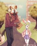  2020 4:5 african_wild_dog beastars blush building canid canine clothed clothing day detailed_background eden_fries female fully_clothed fur haru_(beastars) hi_res holding_object lagomorph leporid male mammal open_mouth open_smile outside rabbit smile tailwag tree white_body white_fur 