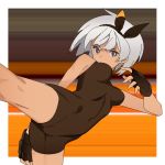  1girl bangs bea_(pokemon) black_bodysuit black_gloves black_hairband bodysuit border bow_hairband breasts bright_pupils commentary_request fingerless_gloves gloves grey_eyes grey_hair gym_leader hairband kicking looking_at_viewer medium_breasts outside_border pokemon pokemon_(game) pokemon_swsh samonegi short_hair solo white_border 