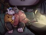  2020 4:3 anthro blush bottomwear canid canine canis clothing crotch_grab cuddling detailed_background domestic_dog duo eyes_closed grope hand_in_pants hug kemono kissing male male/male mammal noichi_53 overweight overweight_anthro overweight_male pants shirt sitting topwear 