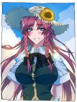  1girl bangs black_bow blue_eyes blue_sky blush bow braid chinese_clothes cowboy_shot eyebrows_visible_through_hair eyes_visible_through_hair flower hair_bow hat highres himajinsan0401 hong_meiling long_hair looking_at_viewer outdoors parted_bangs red_hair short_sleeves sky smile solo straw_hat summer sunflower touhou twin_braids very_long_hair 