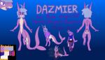  anthro blue_hair dazmier fish girly hair lamniform magenta_body male marine model_sheet purple_eyes shark solo thresher_shark 