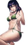  1girl ass barefoot bikini black_hair breasts breasts_day commentary english_commentary food_print gradient_hair hanny_(uirusu_chan) highres kunimitsu_ii lips looking_at_viewer medium_breasts multicolored_hair ponytail purple_eyes purple_hair side-tie_bikini sitting soles solo spaghetti_strap swimsuit tekken tekken_7 toes twisted_torso underboob watermelon_print wet whisker_markings white_background 