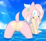  anthro anus bent_over blue_eyes breasts butt eulipotyphlan fan_character fangs female fur genitals hair hedgehog looking_at_viewer looking_back mammal nipples nude outside pink_body pink_fur pink_hair presenting presenting_hindquarters pussy sea smile solo sonic_the_hedgehog_(series) thanu water 