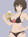  1girl alcohol bangs beer beer_mug bikini black_bikini breasts cleavage closed_mouth commentary_request cowboy_shot cup eyebrows_visible_through_hair frilled_bikini frills froth frown grey_background half-closed_eyes hand_on_hip highres holding holding_cup insignia looking_at_viewer medium_breasts mug navel partial_commentary short_hair side-tie_bikini simple_background solo standing sweat swimsuit yoyokkun 