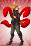  2020 anthro antlers cervid clothed clothing cosplay digital_media_(artwork) fingers fur grumpy_griffin_creations hair hi_res horn looking_at_viewer male mammal mask simple_background solo standing tentacles tokyo_ghoul 