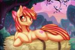  3:2 apple apple_bloom_(mlp) bow cute_eyes eltaile equid equine female food friendship_is_magic fruit hasbro hay hay_bale hi_res horse lying mammal my_little_pony orchard plant pony smile solo tree 