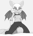  2020 anthro anthro_focus bottomwear breasts chiropteran clothed clothed/nude clothed_female_nude_male clothed_sex clothing duo exposed_breasts facesitting female female_focus female_on_human front_view gloves greyscale handwear hi_res human human_on_anthro interspecies kobradraws male male/female male_on_anthro mammal membrane_(anatomy) membranous_wings midriff monochrome navel nipples nude pants raised_clothing raised_shirt raised_tank_top rouge_the_bat sex shirt smile solo_focus sonic_the_hedgehog_(series) straddling tank_top topwear unfinished wings 