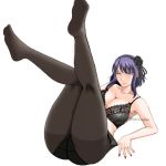  1girl adjusting_clothes adjusting_legwear bangs black_bra black_flower black_hairband black_legwear black_nails black_panties black_rose bob_cut bra breasts chiba_shuusaku cleavage closed_mouth commentary crotch_seam dagashi_kashi eyebrows_visible_through_hair floating flower hair_flower hair_ornament hairband half-closed_eyes kneepits lace lace_bra large_breasts legs legs_up light_smile looking_at_viewer nail_polish panties pantyhose purple_eyes purple_hair rose shidare_hotaru short_hair sidelocks simple_background solo twitter_username underwear underwear_only white_background 