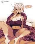  anthro big_breasts breasts canid canine canis clothed clothing coffeechicken domestic_dog female hair mammal messy_hair open_mouth simple_background solo tired vao waking_up yawn 