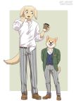  2020 anthro beastars bird_dog canid canine canis clothed clothing cup domestic_dog duo floppy_ears footwear full-length_portrait fully_clothed fur herding_dog hi_res holding_cup holding_object hunting_dog jack_(beastars) labrador looking_at_another looking_at_viewer male mammal open_mouth open_smile pastoral_dog portrait retriever shoes simple_background smile tan_body tan_fur tommysamash welsh_corgi white_body white_fur 