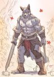 abs anthro biceps bottomwear canid canine canis clothing dark-dusk fur hi_res male mammal melee_weapon muscular muscular_anthro muscular_male pecs simple_background solo sword weapon wolf 