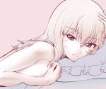  1girl bangs blue_eyes breasts closed_mouth commentary_request covering covering_breasts eyebrows_visible_through_hair from_side girls_und_panzer half-closed_eyes hand_on_own_head itsumi_erika looking_at_viewer lying medium_breasts medium_hair muted_color on_bed on_stomach partial_commentary pillow pink_background sideboob silver_hair simple_background smile solo waking_up yoyokkun 