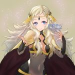  1girl blonde_hair blue_eyes breasts circlet closed_mouth dark_mage_(fire_emblem_fates) fire_emblem fire_emblem_fates fire_emblem_heroes harumori_kou highres long_hair looking_at_viewer medium_breasts ophelia_(fire_emblem) outstretched_hand shiny simple_background smile sparkle 