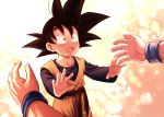  2boys black_hair blush child dougi dragon_ball dragon_ball_z father_and_son imminent_hug long_sleeves male_focus mattari_illust multiple_boys open_mouth sash solo_focus son_goku son_goten spiked_hair standing wide-eyed 