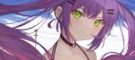  1girl absurdres bare_shoulders black_choker blush choker cloud ear_piercing fang fang_out floating_hair green_eyes hair_ornament hairclip halter_top halterneck highres hololive long_hair looking_at_viewer multiple_piercings o-ring o-ring_choker outdoors piercing purple_hair takasumikei tokoyami_towa twintails virtual_youtuber wind 