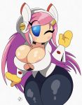  absurd_res areola big_breasts big_butt blue_eyes blush bolts breasts butt clothed clothing digital_media_(artwork) female floating_hands gesture gold_(metal) gold_jewelry hair hi_res huge_breasts humanoid jewelry kirby:_planet_robobot kirby_(series) long_hair looking_at_viewer machine mouthless nintendo not_furry nr_ac one_eye_closed pencil_skirt pink_hair robot robot_humanoid simple_background solo susie_(kirby) thick_thighs tight_clothing video_games waving wink 