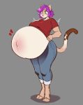  absurd_res anthro barefoot belly big_belly big_breasts bottomwear breasts clothed clothing concerned cougar curvaceous curvy_figure denim denim_clothing digitigrade faizenek felid feline felis female green_eyes hair hi_res hyper hyper_belly hyper_pregnancy jeans mammal pants popped_navel pregnant purple_hair red_clothing red_shirt red_topwear shirt solo tight_clothing too_big_for_clothing topwear voluptuous worried 