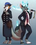  2020 anthro blue_exorcist canid canine canis clothed clothing digital_media_(artwork) duo fingers fire fox fur green_eyes grumpy_griffin_creations gun hair handgun hi_res holding_gun holding_object holding_sword holding_weapon looking_at_viewer male mammal melee_weapon open_mouth ranged_weapon simple_background smile standing sword video_games weapon wolf 