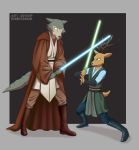  2020 anthro antlers beastars brown_body brown_fur canid canine canis cervid clothed clothing duo fully_clothed fur grey_body grey_fur hi_res horn legoshi_(beastars) lightsaber louis_(beastars) male mammal melee_weapon simple_background standing star_wars tommysamash weapon wolf 